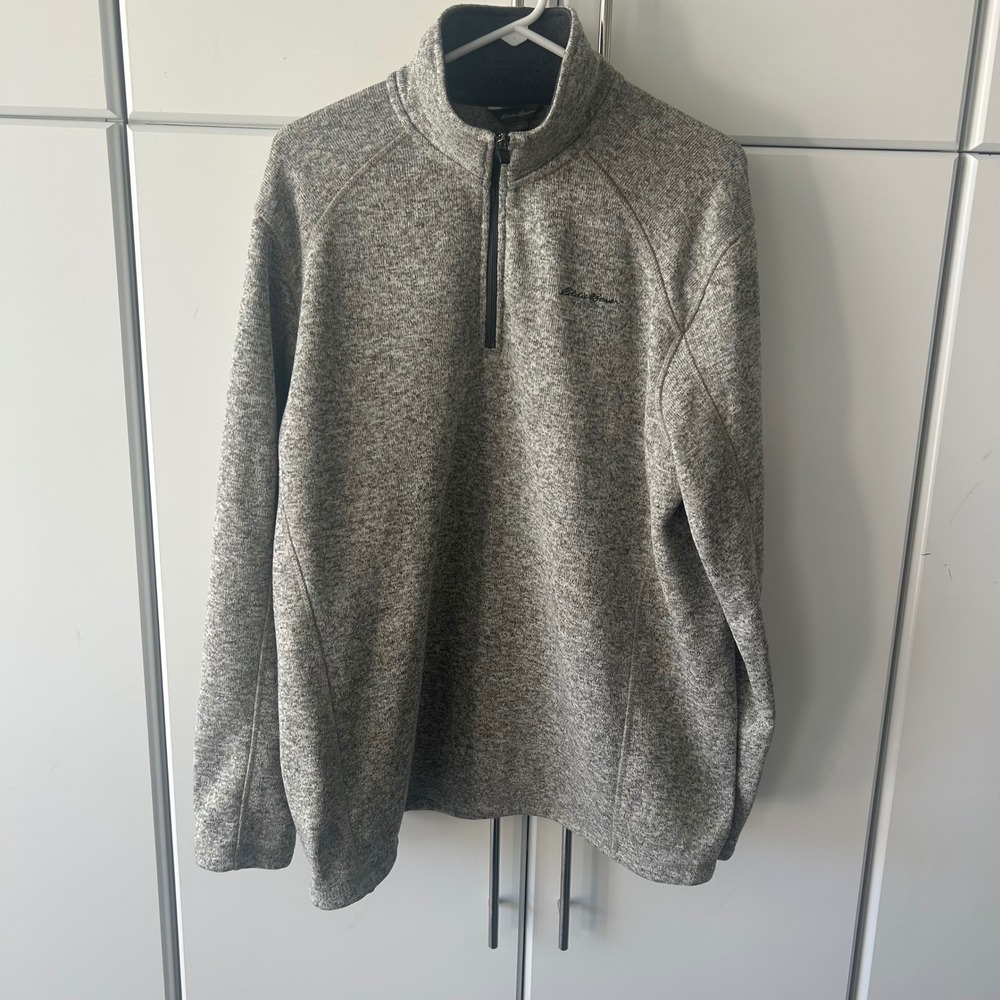 Eddie Bauer Mens XL Gray Marl Quarter Zip Fleece Lined Pullover Sweater Jacket